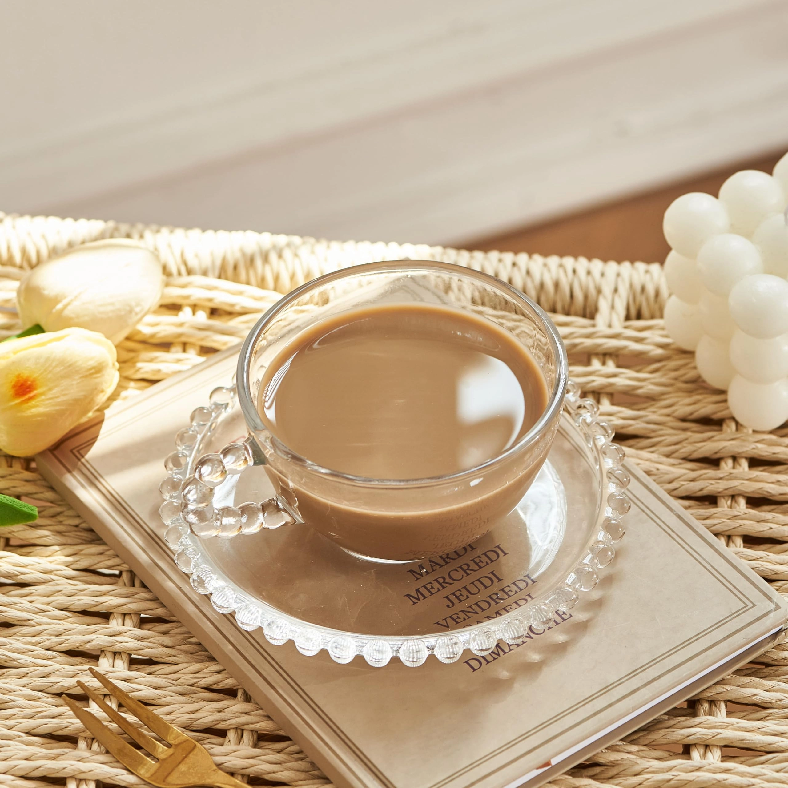 Pearl Beaded Glass Cup and Saucer - 6 pcs - 200 ml