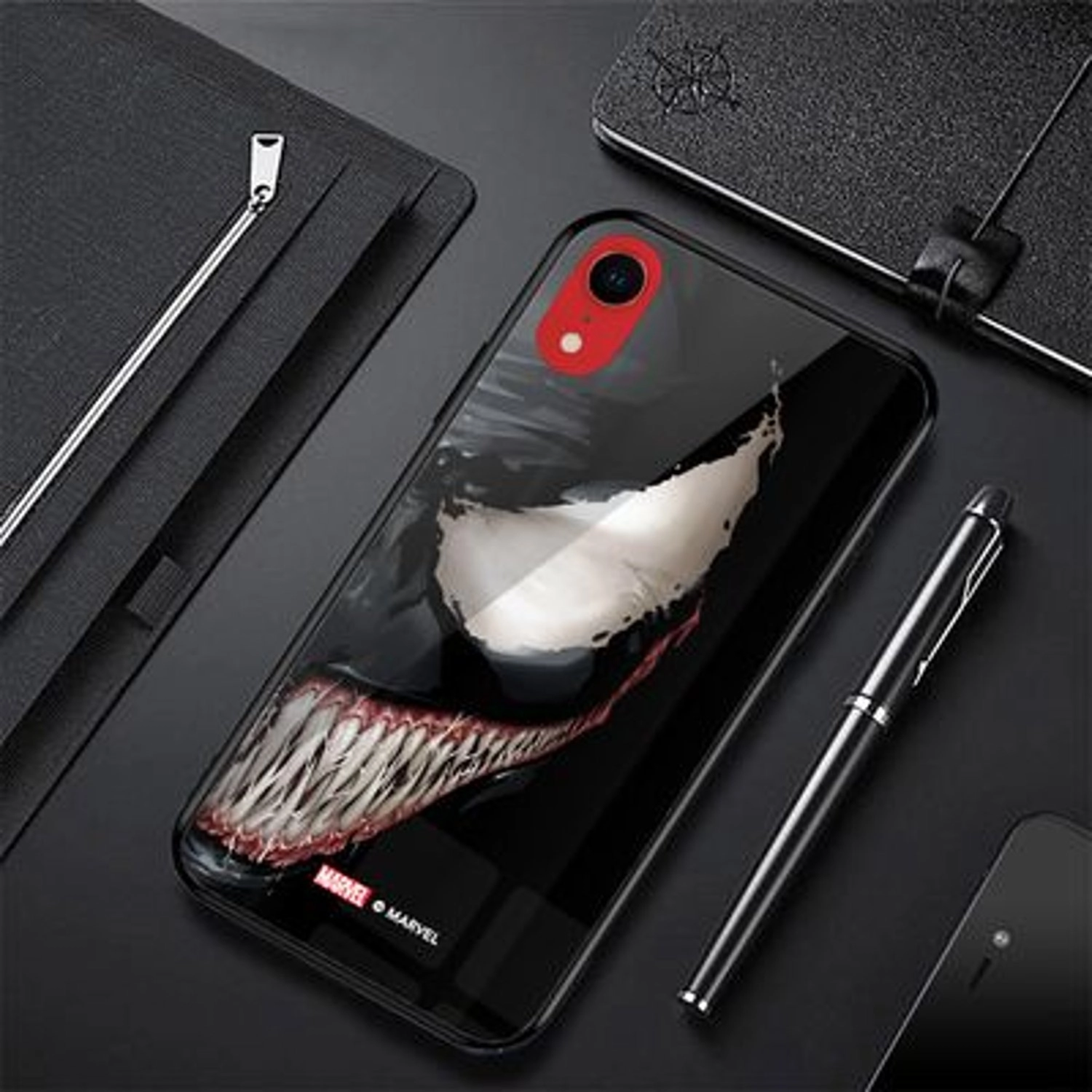 Venom Half Profile Face Back Case TPU Bumper Case + Tempered Glass Back for iPhone XR