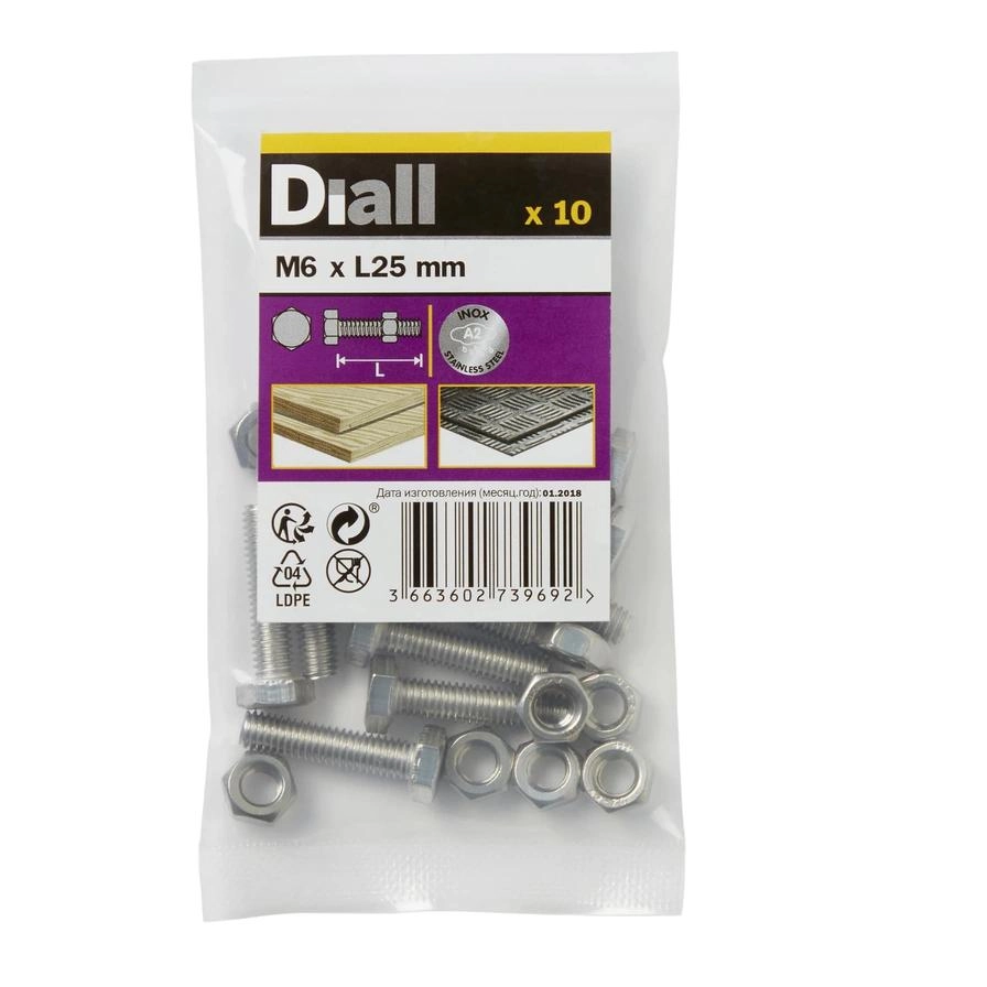 Diall Hex Nut & Bolt - 25 mm M6