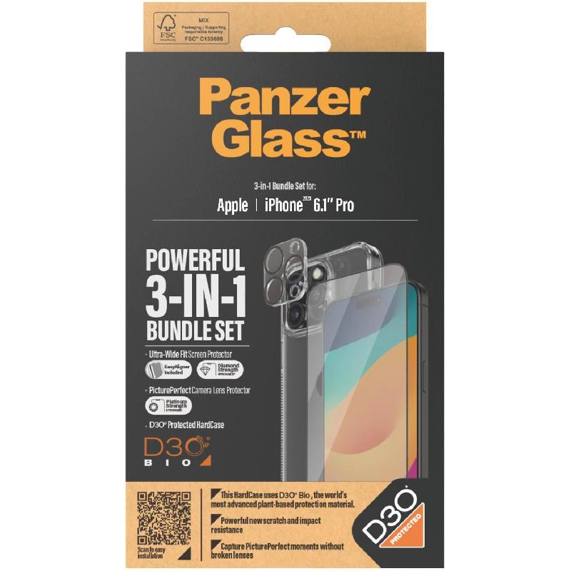 PanzerGlass Hard Case - D3O Protection Clear + Screen Protector + Camera Lens Protector for iPhone 15 Pro