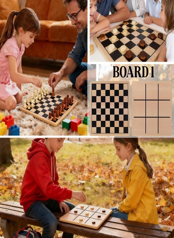 5-in-1 Wooden Board Game - 2 Reversible Boards Portable