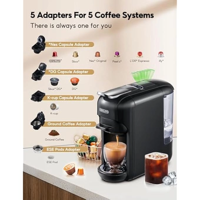 5-in-1 Automatic Capsule Coffee Machine - Hot & Cold, 7-Level LED, Multi-Capsule Compatible