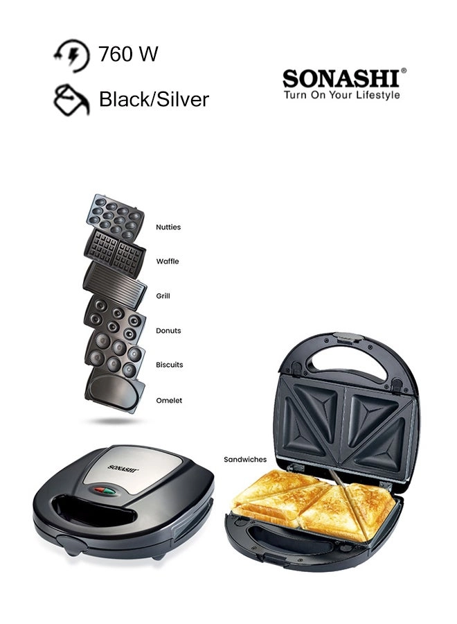 SONASHI 7-In-1 Non-Stick Multi Snacks Maker - 760W Detachable Plates