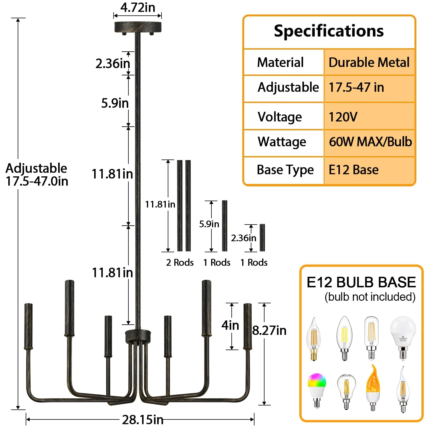 6-Light Farmhouse Chandelier - Black Indoor