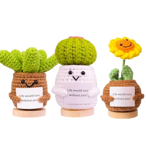 Positive Potato 5 cm + Knitted Cactus 5 cm + Succulent and Flower 5 cm