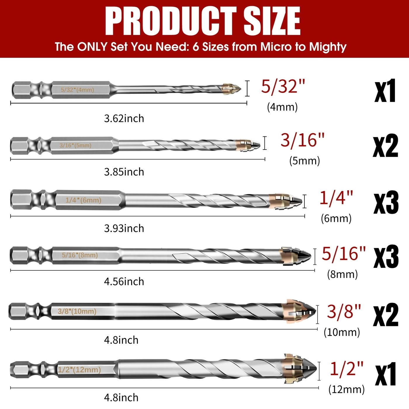Eccentric Drill Bits - Carbide 12-Piece (5/32"-1/2")