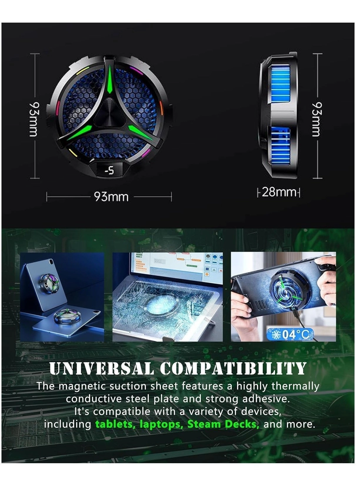 Magnetic Tablet Cooler - Cooling Fan Temperature Display