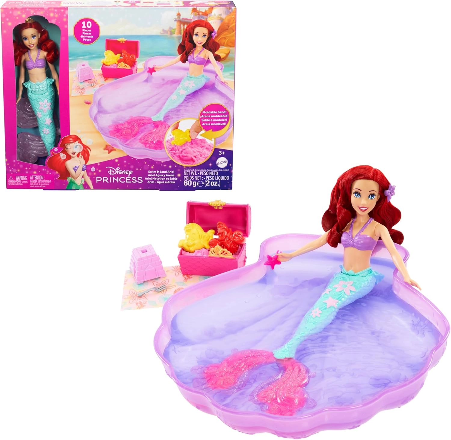 Mattel Ariel Mermaid Doll & Pool Set - Moldable Sand 3 Sand Molds