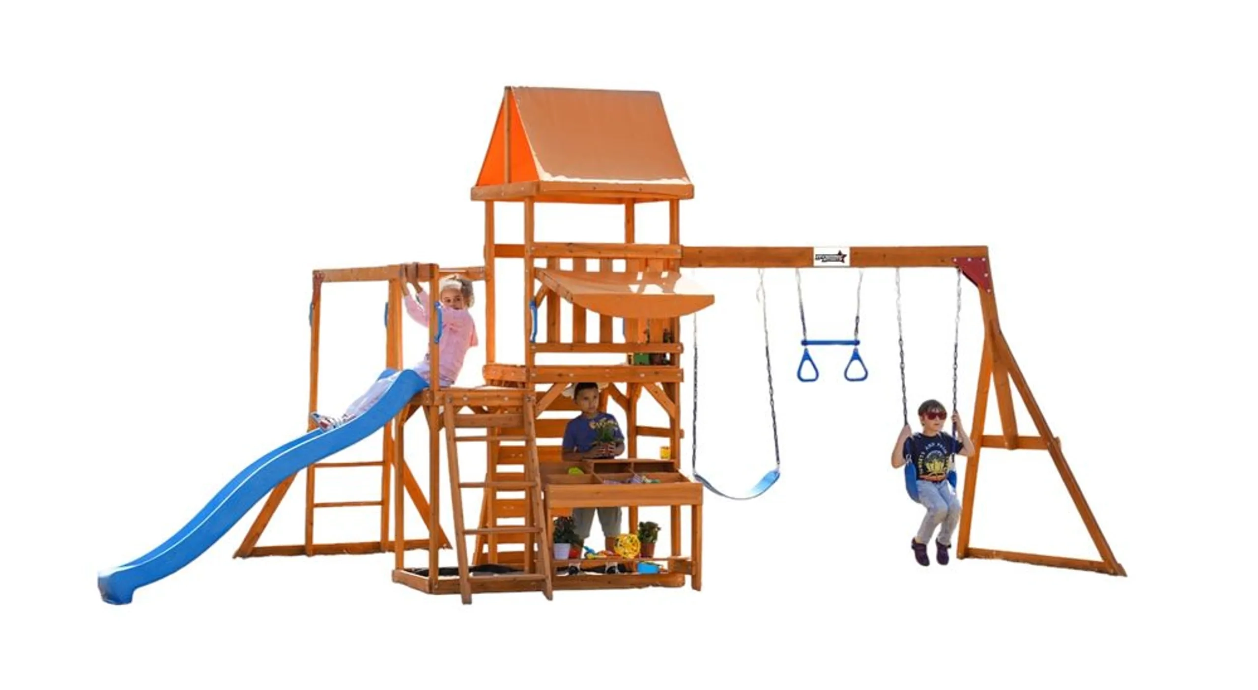 Dynamic Sports Arabian Pronghorn Wooden Swing Set - 2.2M Slide Double Play Fort