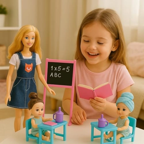 Teacher Doll - Folding Hands + Baby Dolls - 2 + Study Table - 2 + Study Board - 1 Ages 3+