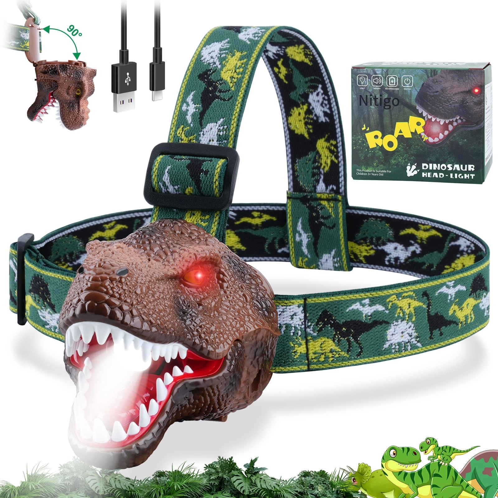 nitigo Dinosaur Headlamp - Rechargeable USB Type-C Roar & Silent Mode