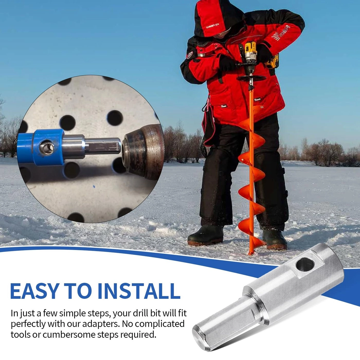 Ice Auger Drill Bit Adapter - Fits 1/2" Plus Drill Chucks 1/4" Hole 1/4"-20 Wing Bolts & Locking Screws
