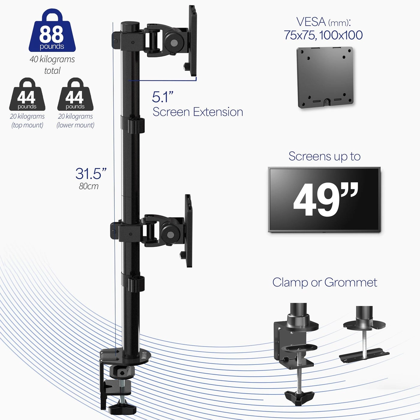 Dual Vertically Stacked Ultra-Wide Monitor Desk Mount - 49 inch