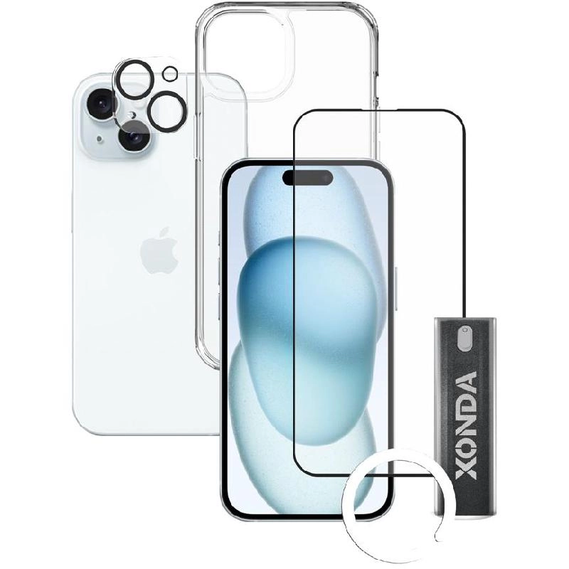 Xonda Clear Case + Tempered Glass + Camera Lens Cover + Anti-bacterial Spray for iPhone 15