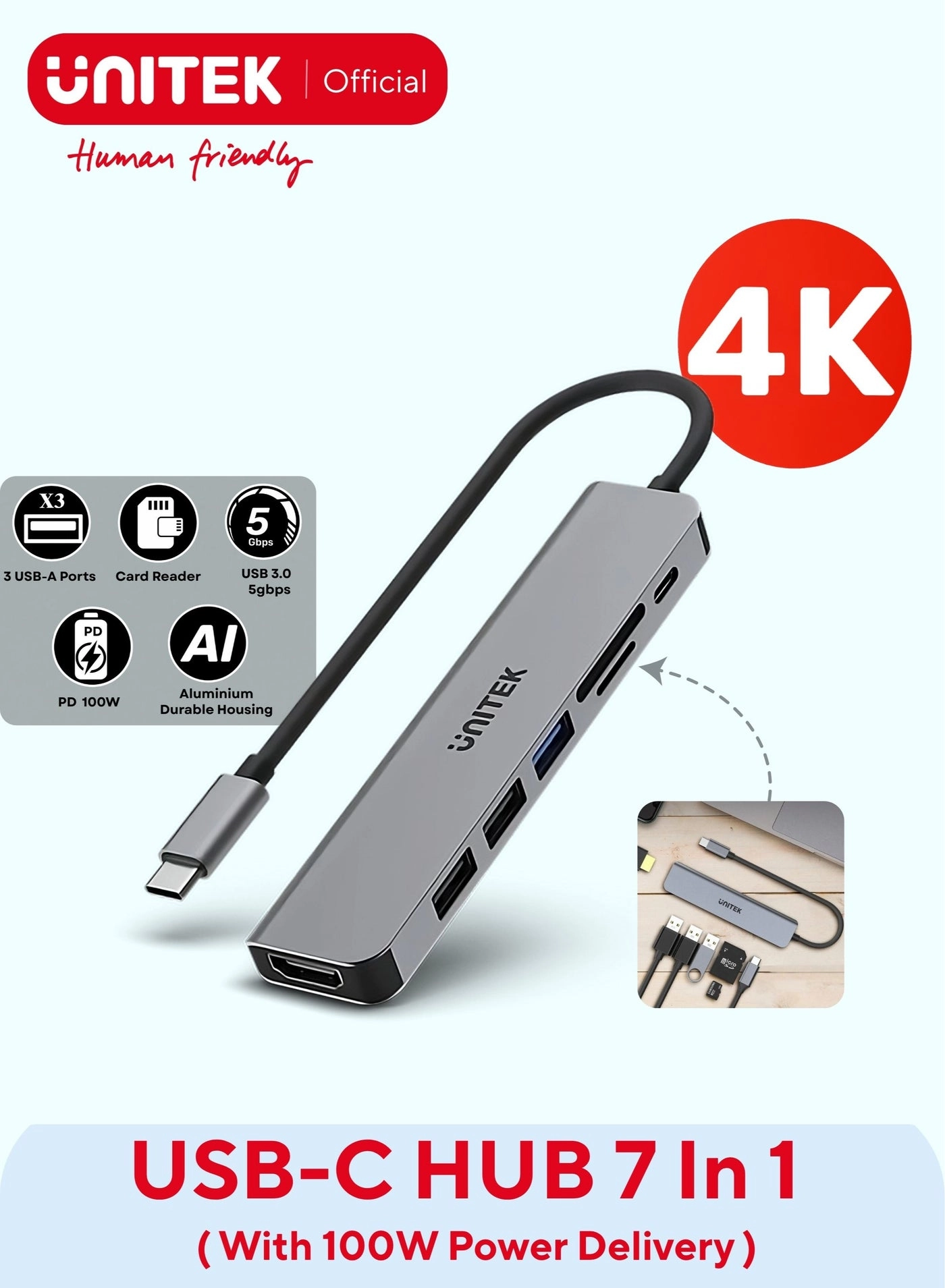 UNITEK USB-C 5Gbps Hub - 4K HDMI 100W Power Delivery