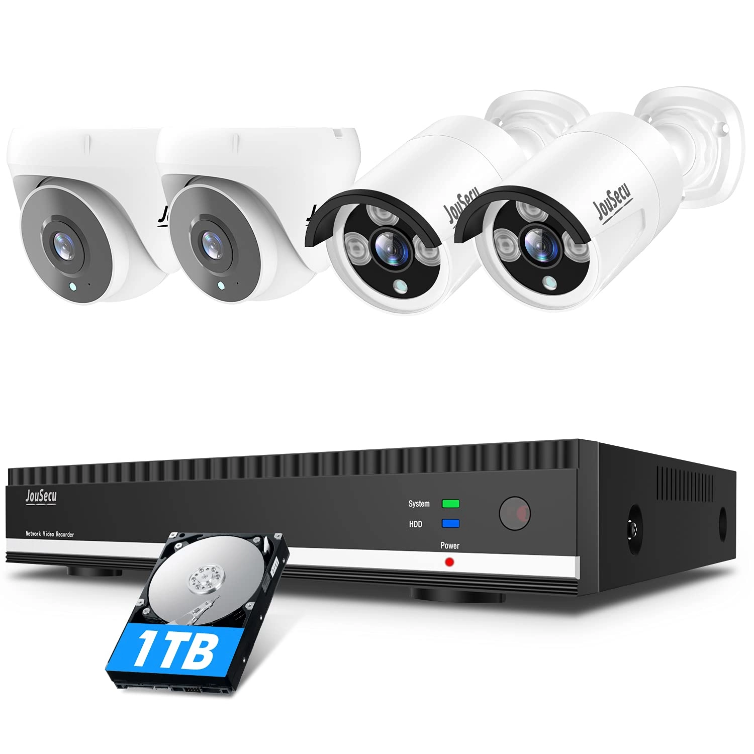 JouSecu 3MP POE IP Camera - 4pcs + 8CH 3MP PoE NVR - 1TB