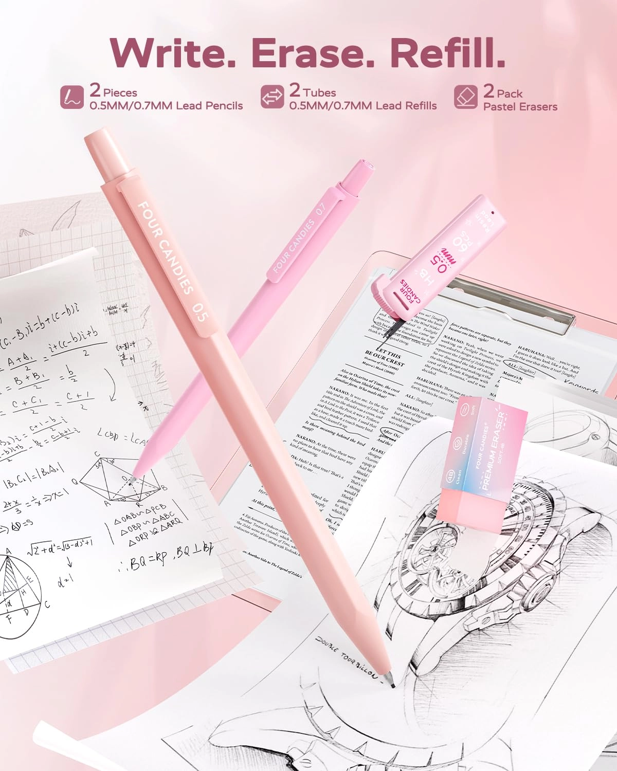 Gel Pens + Correction Tape + Pastel Highlighters + Mechanical Pencils + Sticky Notes + Index Post + Case - 25.0 Count 0.7mm, 0.9mm, 1mm