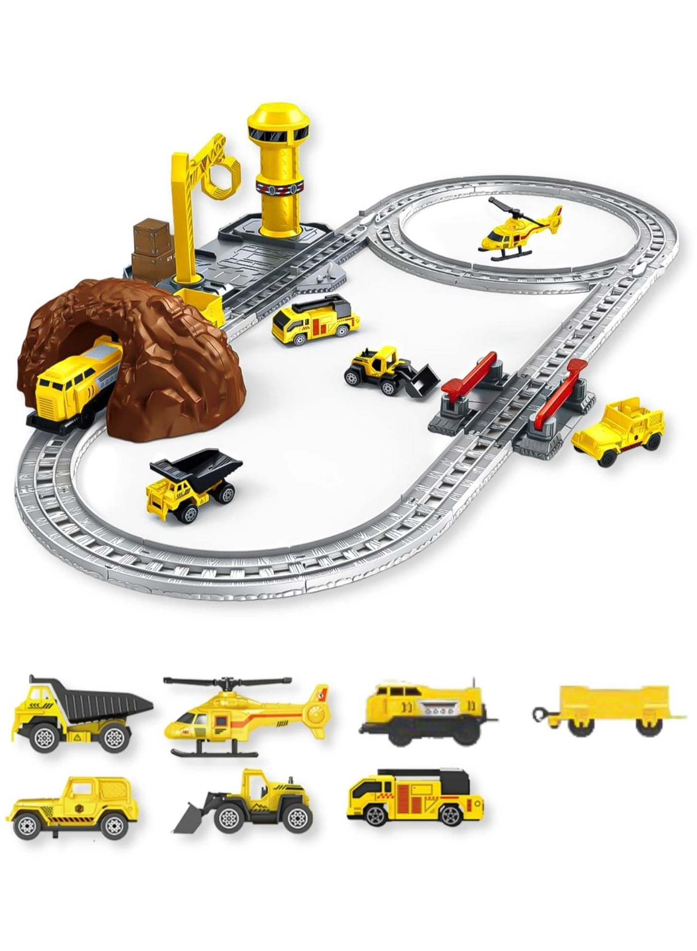 Generic Electronic Construction Train Playset + Crane + Tracks + Station + Excavator + Dump Truck + Bulldozer