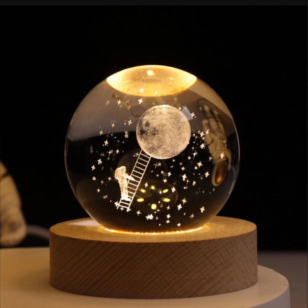 DesiDIya, Contact: +91-7572888999, info@desidiya.com, Desidiya Astronaut Climbing Moon Crystal Ball - LED USB Wooden Base