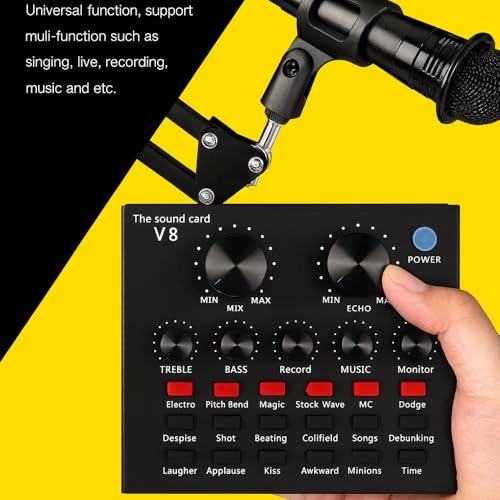Condenser Microphone + Adjustable Scissor Arm Stand + Live Sound Card Mixer - Wired Microphone