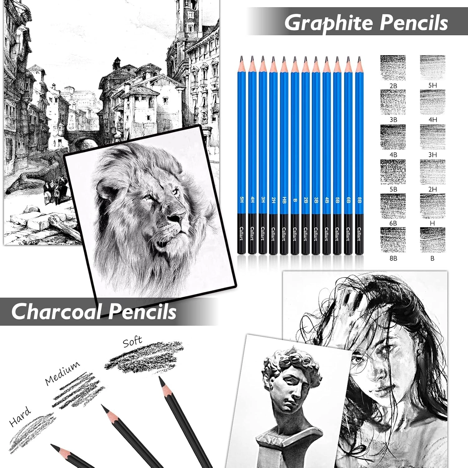 Art Supplies Sketching Kit - 176PCS Graphite Colored Charcoal Watercolor & Metallic Pencils