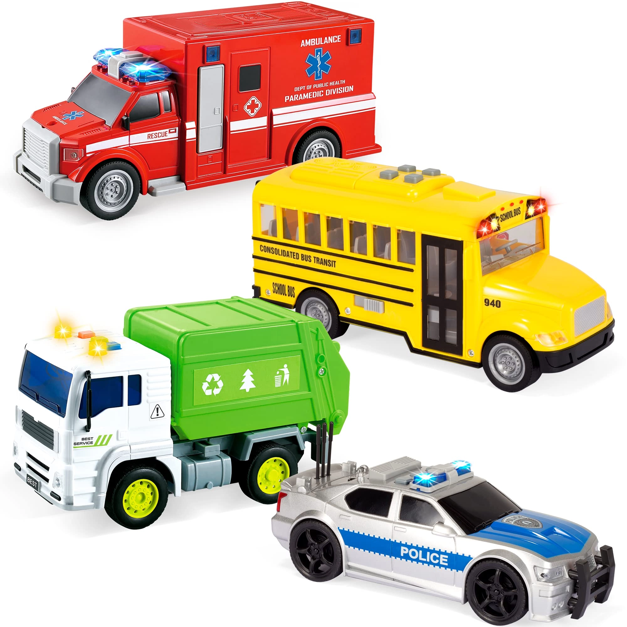 Joyin inc Police Car + School Bus + Garbage Truck + Ambulance - 4pcs
