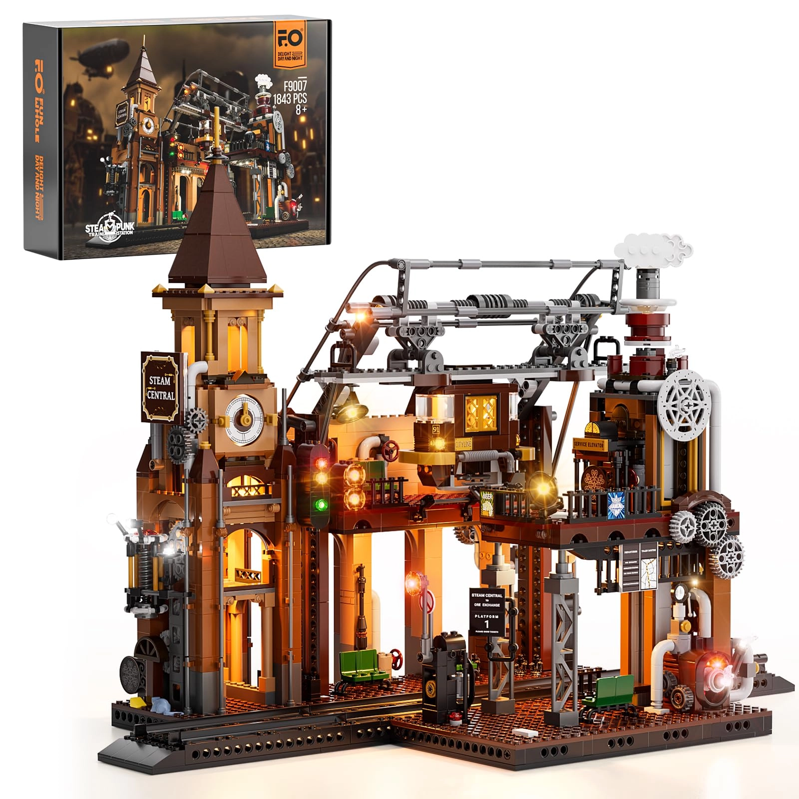 FUNWHOLE Train-Station Lighting Building Bricks Set (F9007) - Steampunk