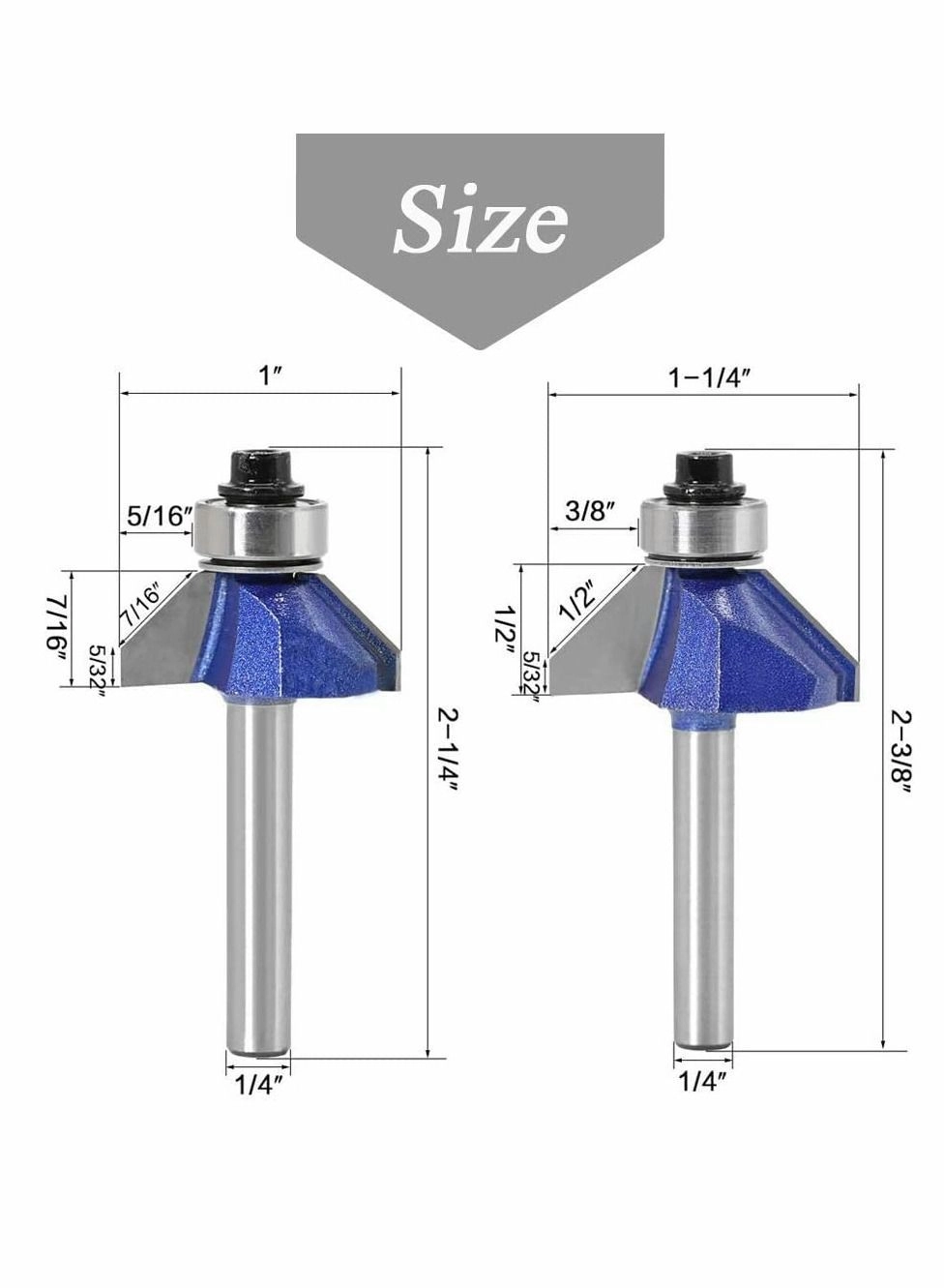 45 Degree Chamfer Router Bit Set - 3/8" 5/16" 1/4" 1/2" 1/4" Shank