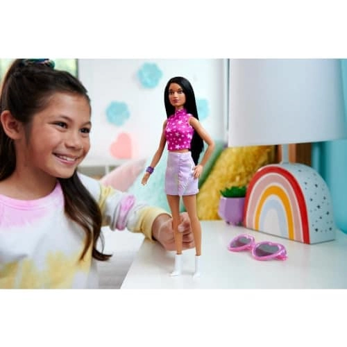 Barbie Fashionistas - Black Straight Hair Pink Star-Print Top Iridescent Skirt Ages 3+