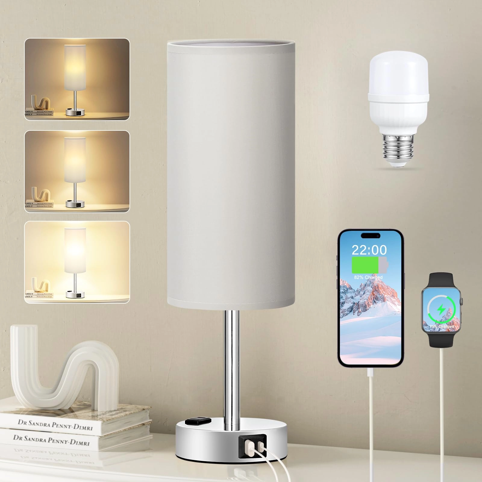fenmzee Bedside Table Lamp - 3 Way Dimmable USB-C Charging Ports AC Outlet
