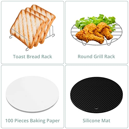 Round Cake Mould + Pizza Basket + Cupcake Mould + Silicone Mat + Round Grill Holder + Multi-purpose Stand + Skewers + Toast Bread Holder + Parchment Paper + Silicone Brush + Dish Plate Clip + Food Clip + Silicone Mini Mitts