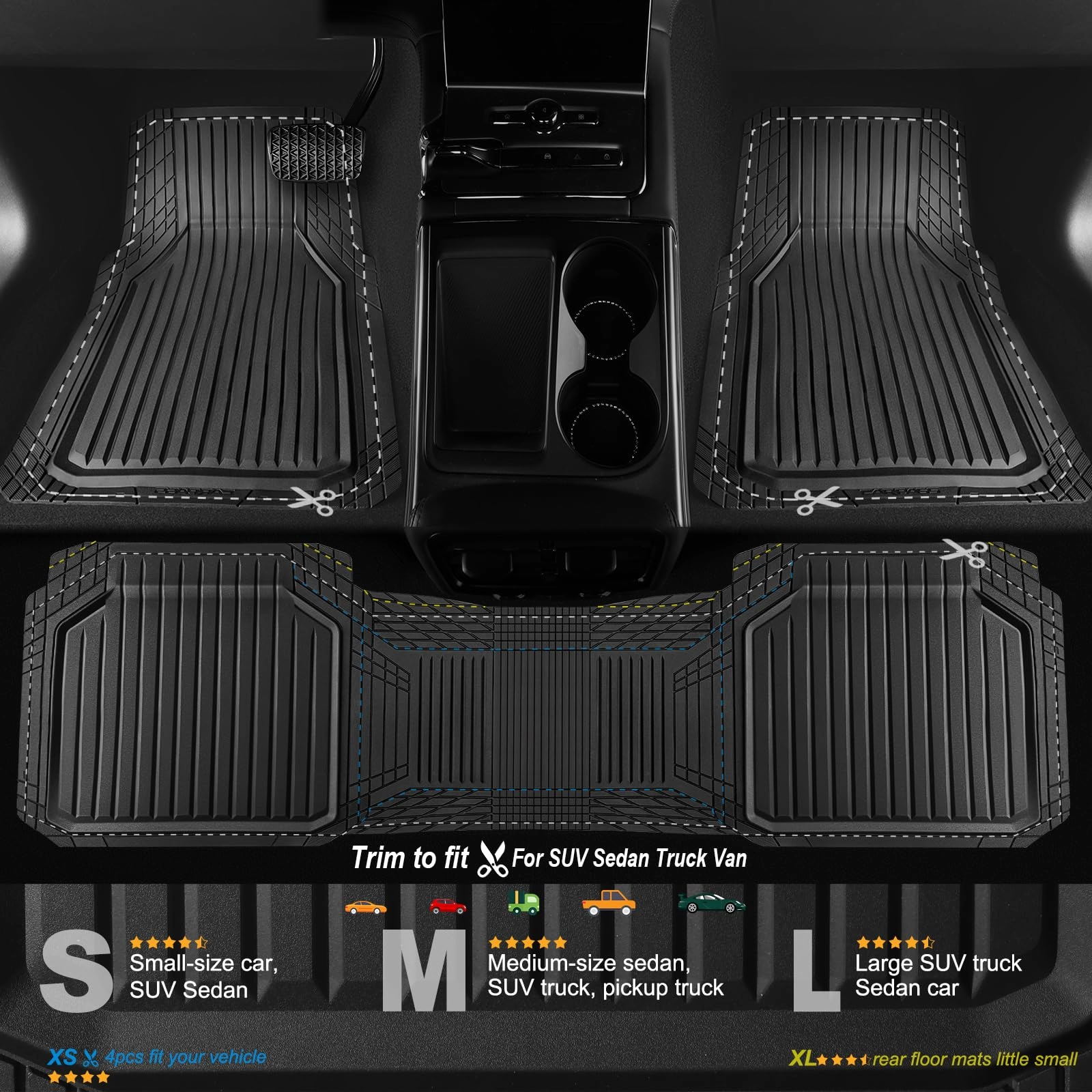 Heavy Duty Rubber Floor Mats - Universal Fit 3pcs Black Purple