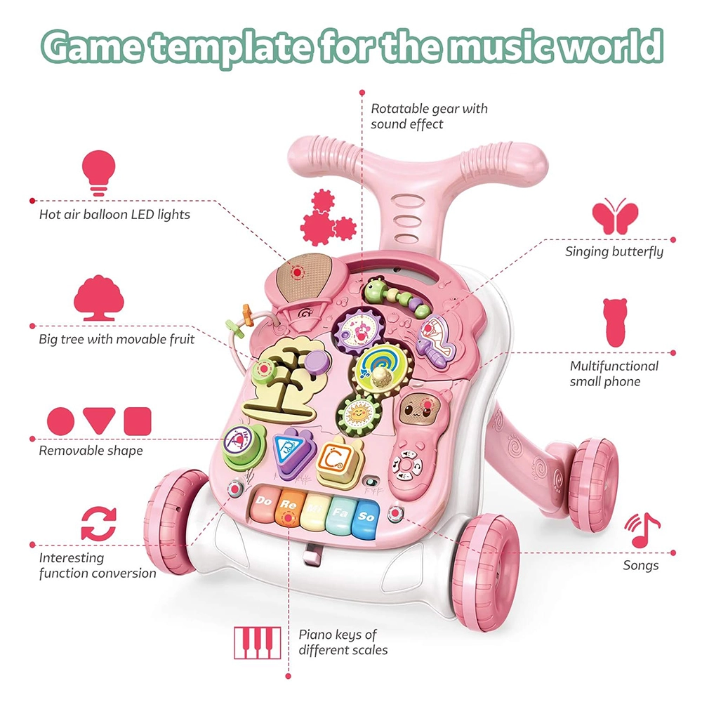 3-In-1 Baby Walker Rotating Chair & Table Playset - Pink Suitable for 6 months and above