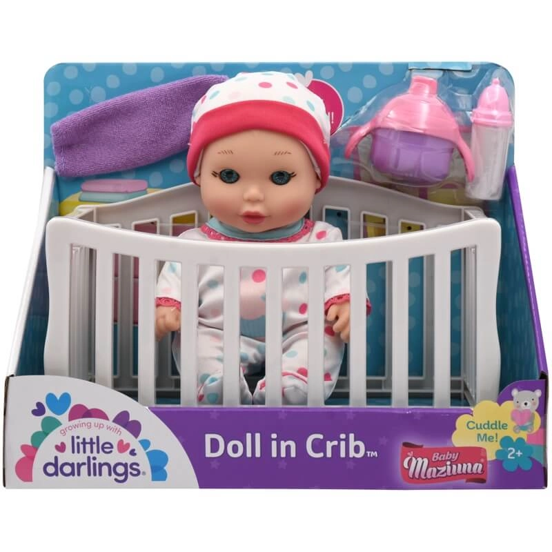 Little Darlings Doll - 8" fully poseable + Crib + blanket + milk bottle + sippy cup Ages 2+