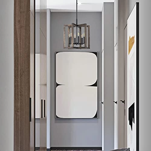 Rustic Farmhouse Hanging Kitchen Island Chandelier - 6 Light Pine Wood Black Metal Frame