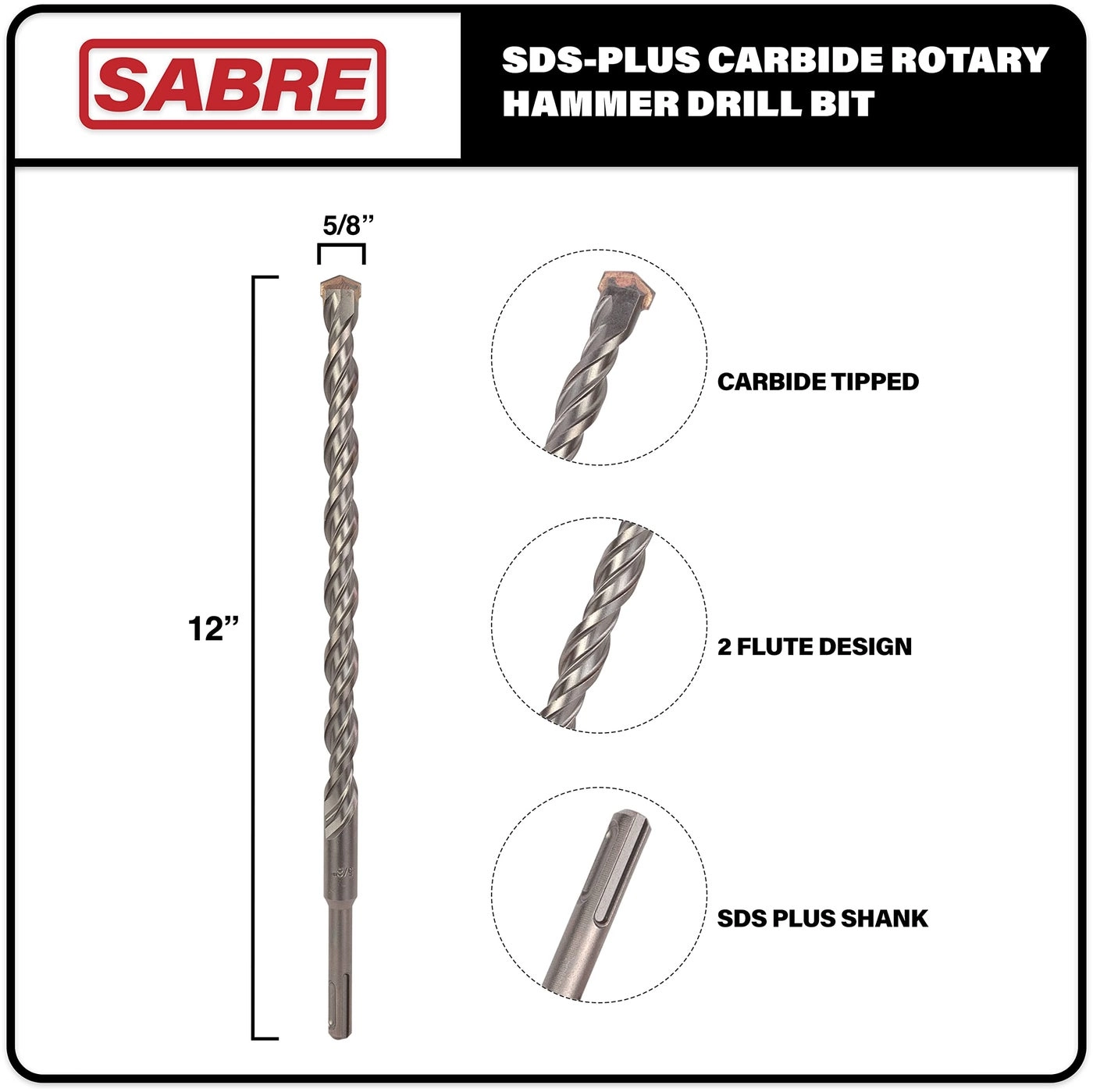 SDS Plus Rotary Hammer Drill Bit - Carbide Tipped 5/8" x 12"