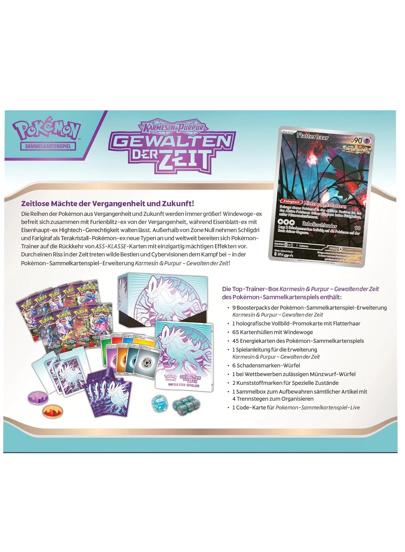 Top Trainer Box Crimson & Purple - Forces of Time: Windwave - 1 Holographic Full Screen Promo Card 9 Booster Packs