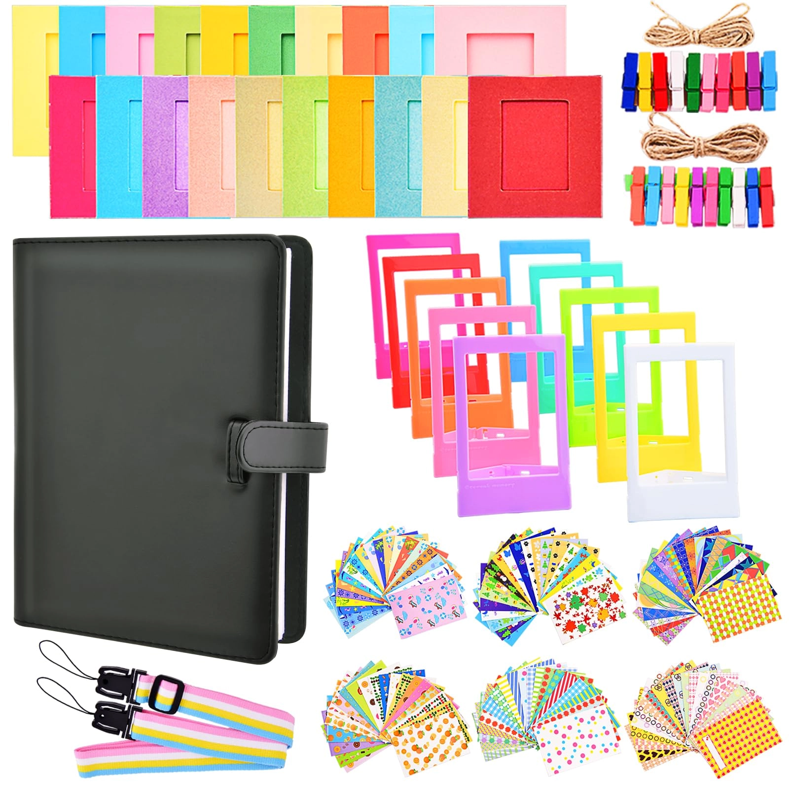 SunmnDirect 128 Pocket Album + Film Stickers - 120 + Plastic Desk Frame - 10 + Hanging Frame - 20 + Rainbow Camera Strap