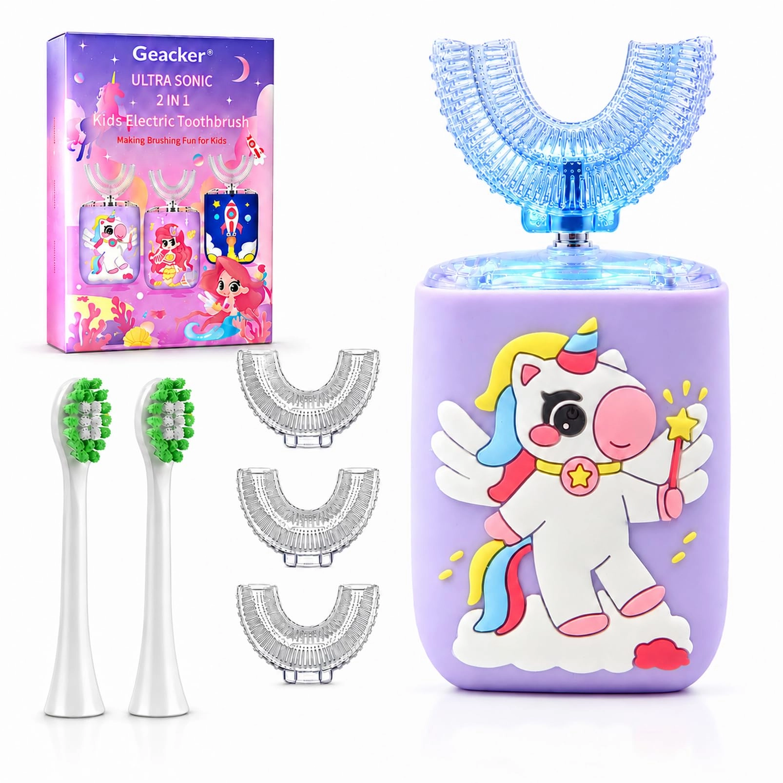 Geacker Kids Electric Toothbrush - U Shaped 5 Brush Head Purple