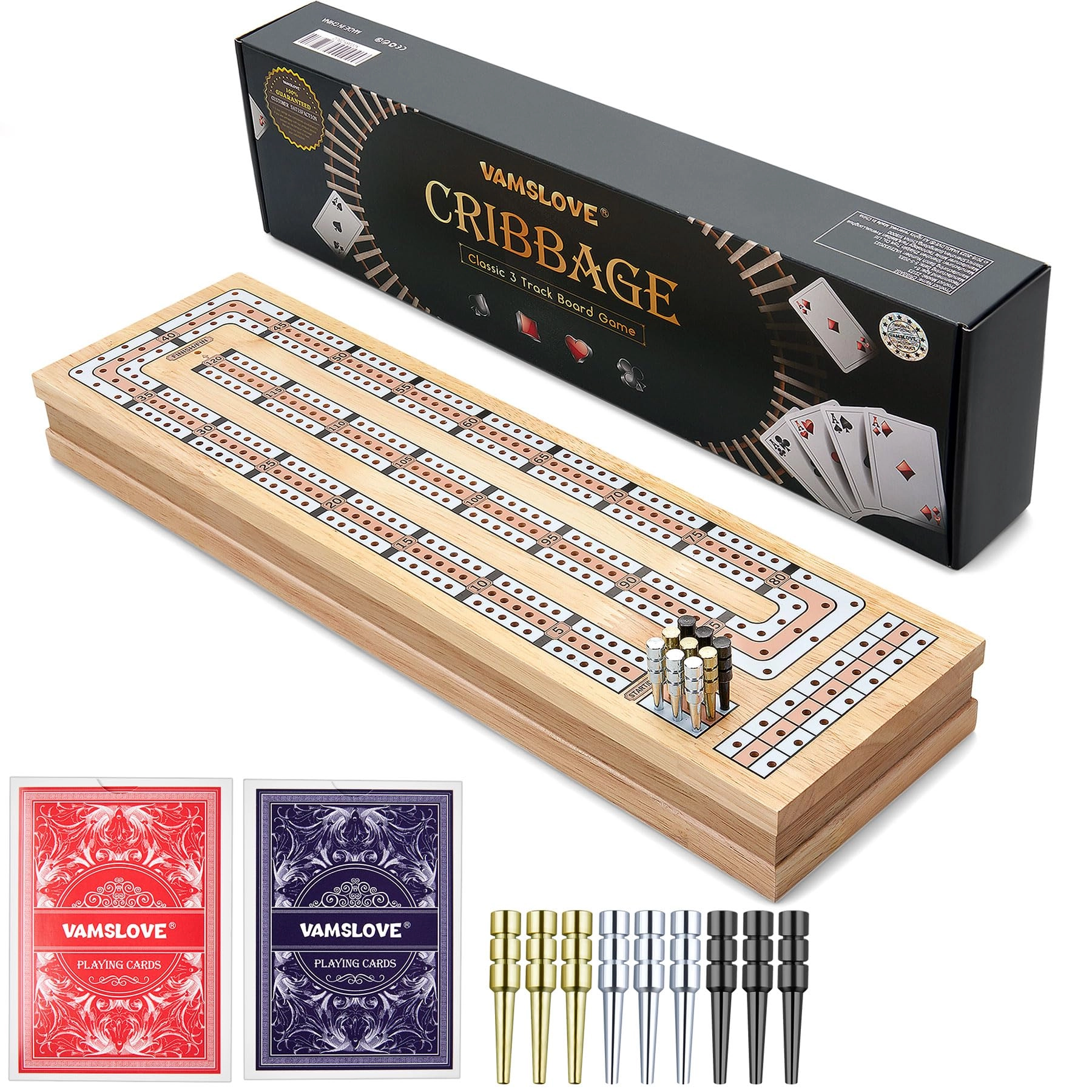 Cribbage Board - Magnetic 3-Track Scoreboard 9 Metal Pegs