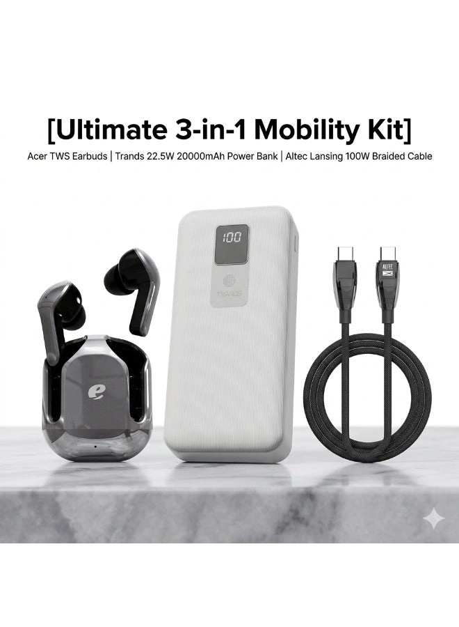 Acer True Wireless Earbuds - Wireless Earbud + 20000mAh Power Bank - Wired Power Bank + 100W Braided USB-C Cable - Wired Cable
