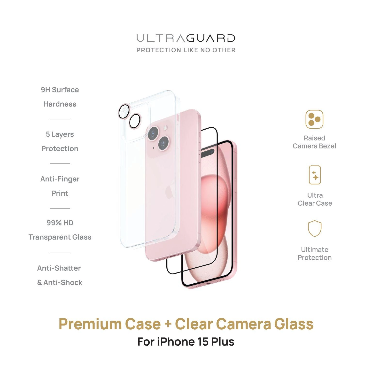 ULTRAGUARD Iphone 15 Plus Glass + Case + Clear Camera Glass