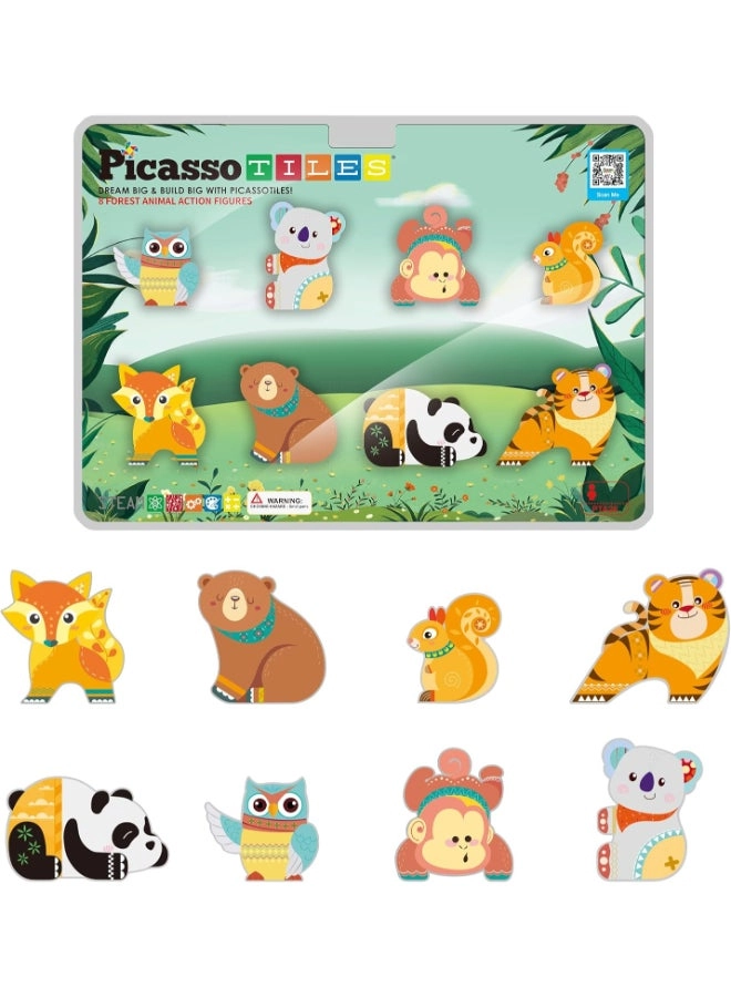 PicassoTiles Magnetic Block Forest Animals - Fox Brown Bear Squirrel Tiger Panda Owl Monkey Koala 8 pcs