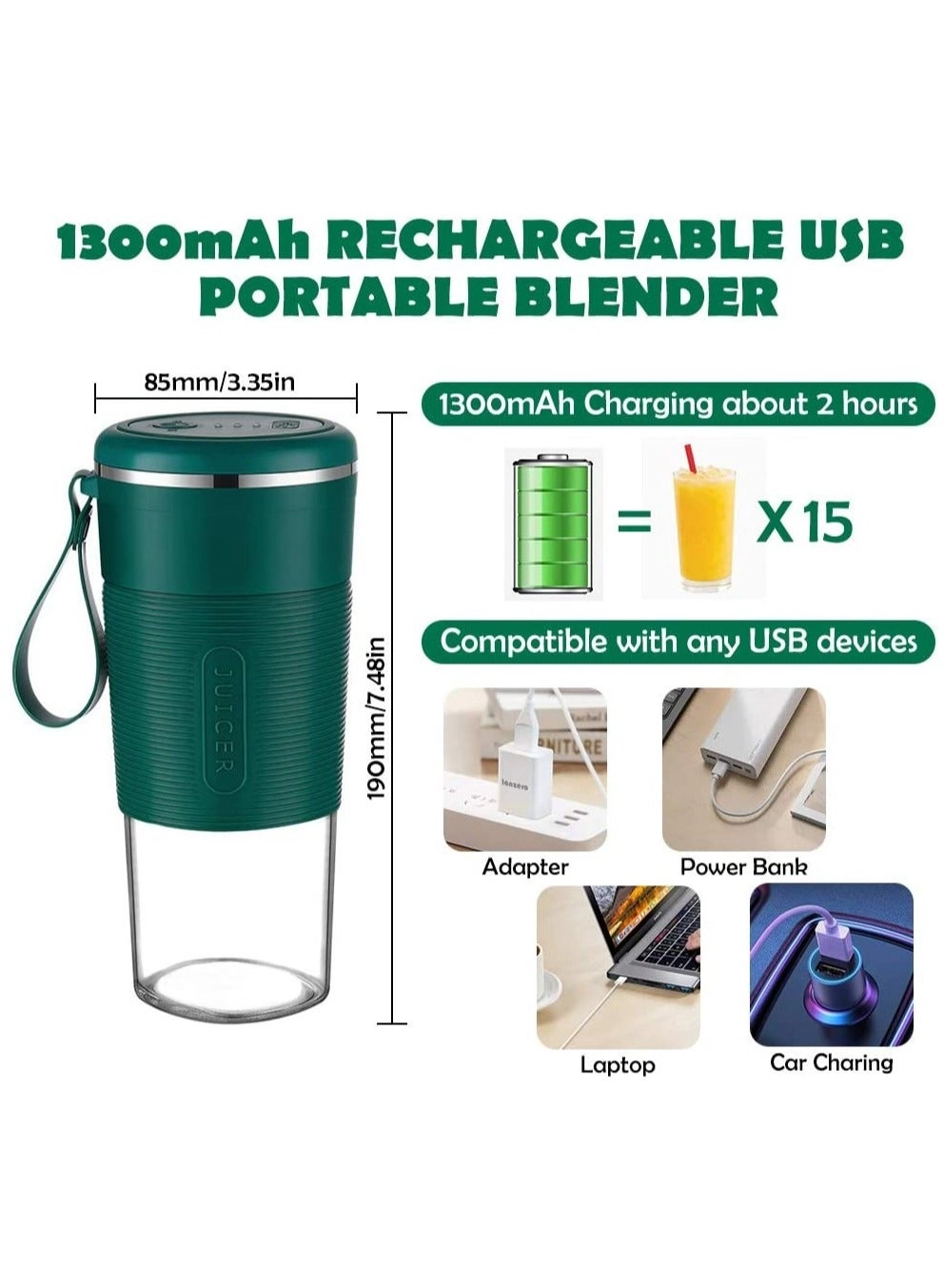 Portable Blender Cup - USB Rechargeable Stainless Steel Blades Battery Powered