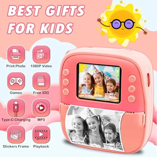 Kids Instant Digital Camera - 32GB 1080P Pink