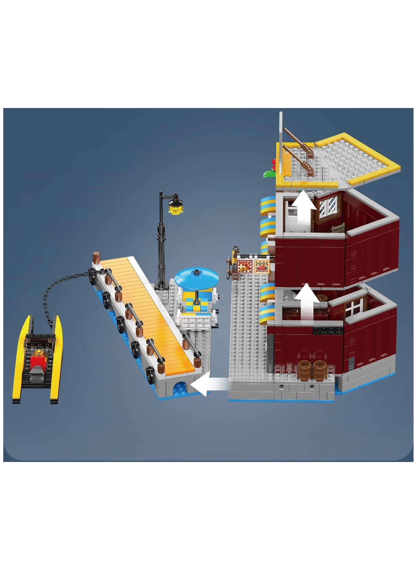 Mini Beachfront Hotel Building Kit, Fishing Boat Set Miniature Dock Hut (10143) - ABS 8+ Years