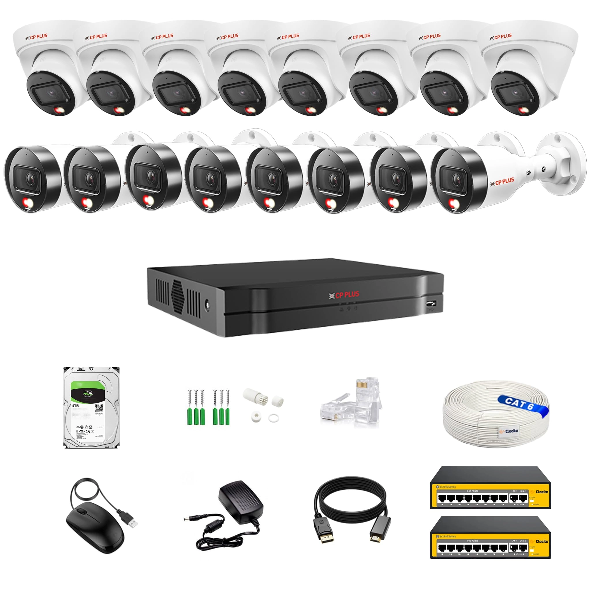 16CH AI NVR + 4MP Dome IP Camera + 4MP Bullet IP Camera + 4TB Hard Disk + 8+2 POE Switch + CAT6 Cable