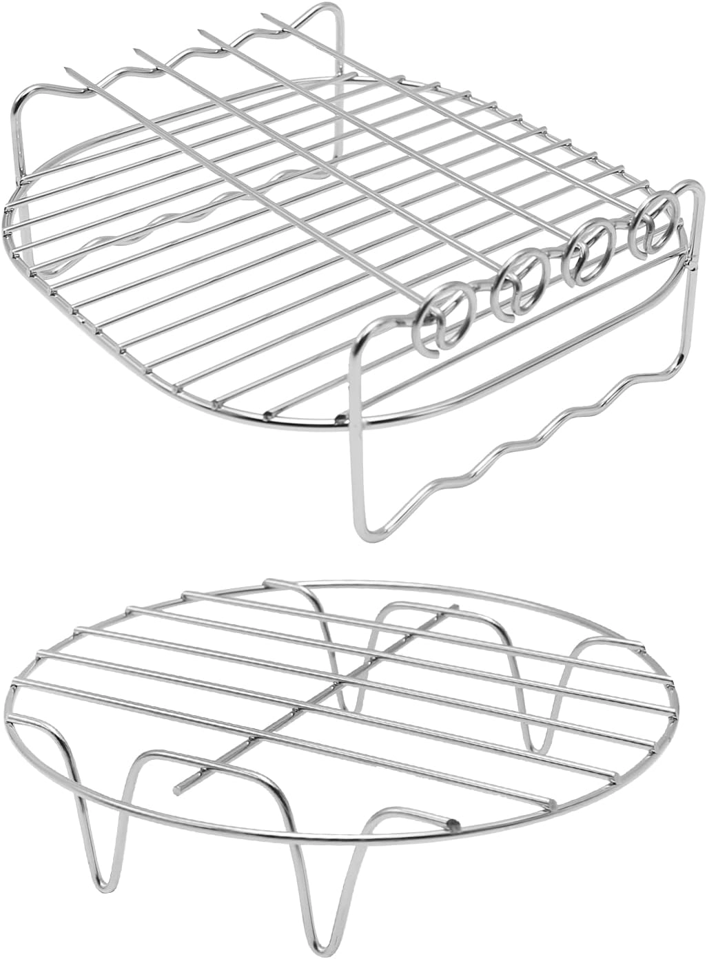 woobles Air Fryer Rack - 304 stainless steel 1 Skewer rack 4 Skewers 1 Round cooking rack