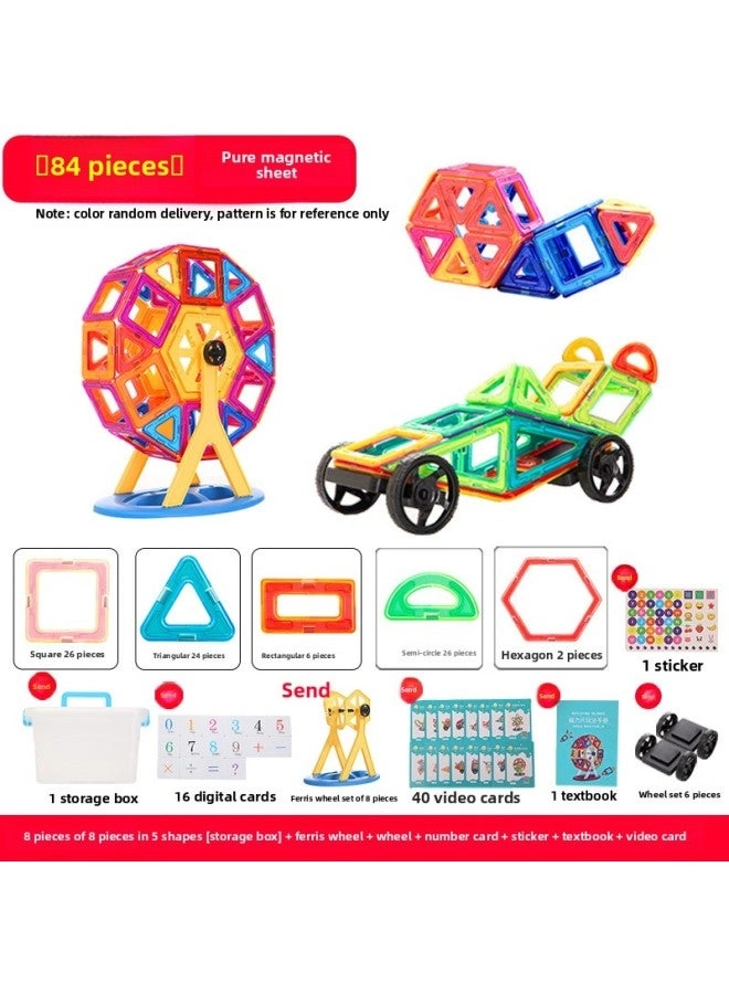 Magnetic Building Blocks - 84 pcs + Wheels + Storage Box