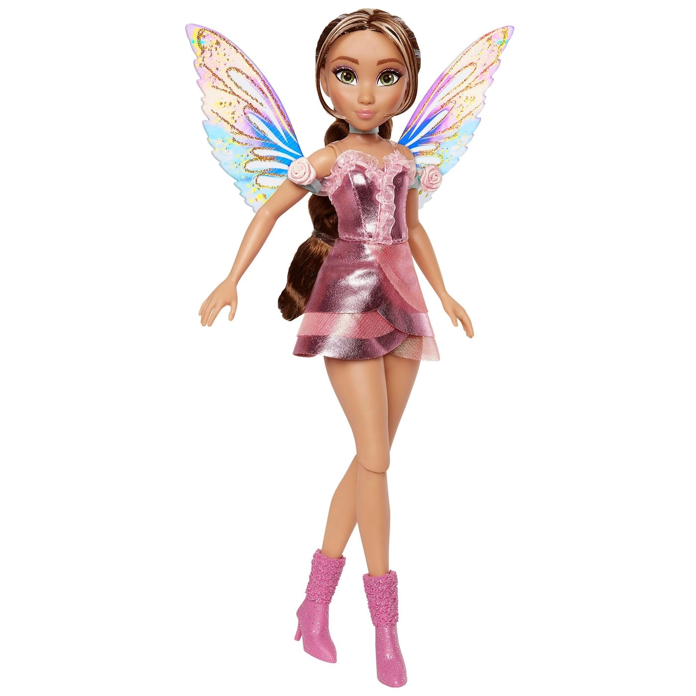 Flora Fairy Doll - Full-size Plastic Long Brown Braided Hair Shimmery Pink Dress Ages 4+